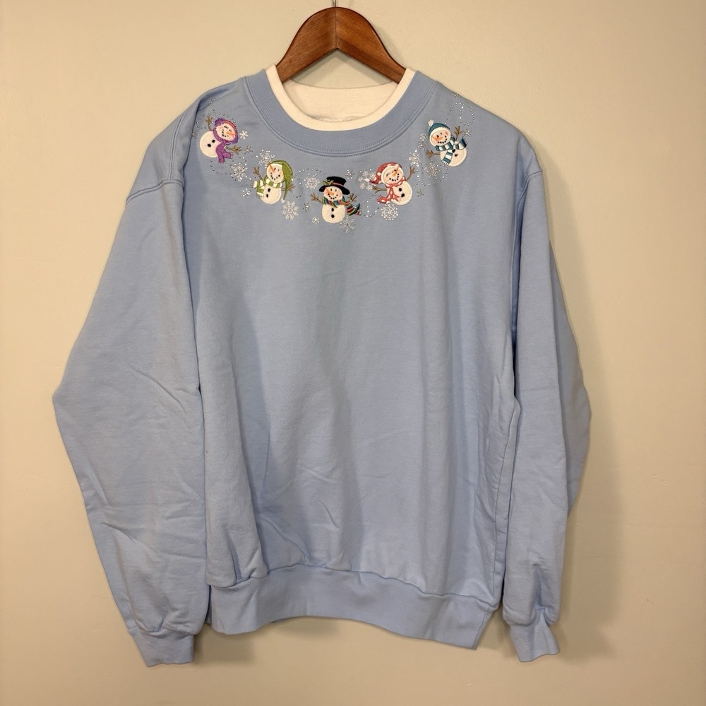 Morning Sun Woman L Vintage Snowman Neckline Sweatshirt Blue Bedazzled